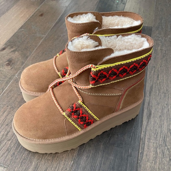 UGG Shoes - CLASSIC MINI II HERITAGE TASMAN BRAID PLATFORM BOOTS SUEDE WOOL CHESTNUT YELLOW